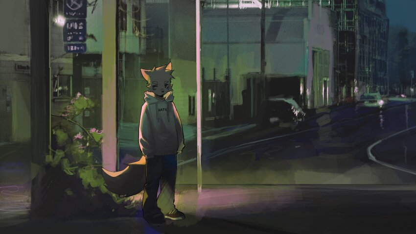 1boy, backlighting, black_footwear, black_pants, car, city, city_lights, furry, furry_male, highres, hood, hoodie, itooku, looking_at_viewer, male_focus, motor_vehicle, night, original, pants, plant, shoes, sky, standing, tail, white_fur, white_hoodie, wolf_boy, wolf_tail