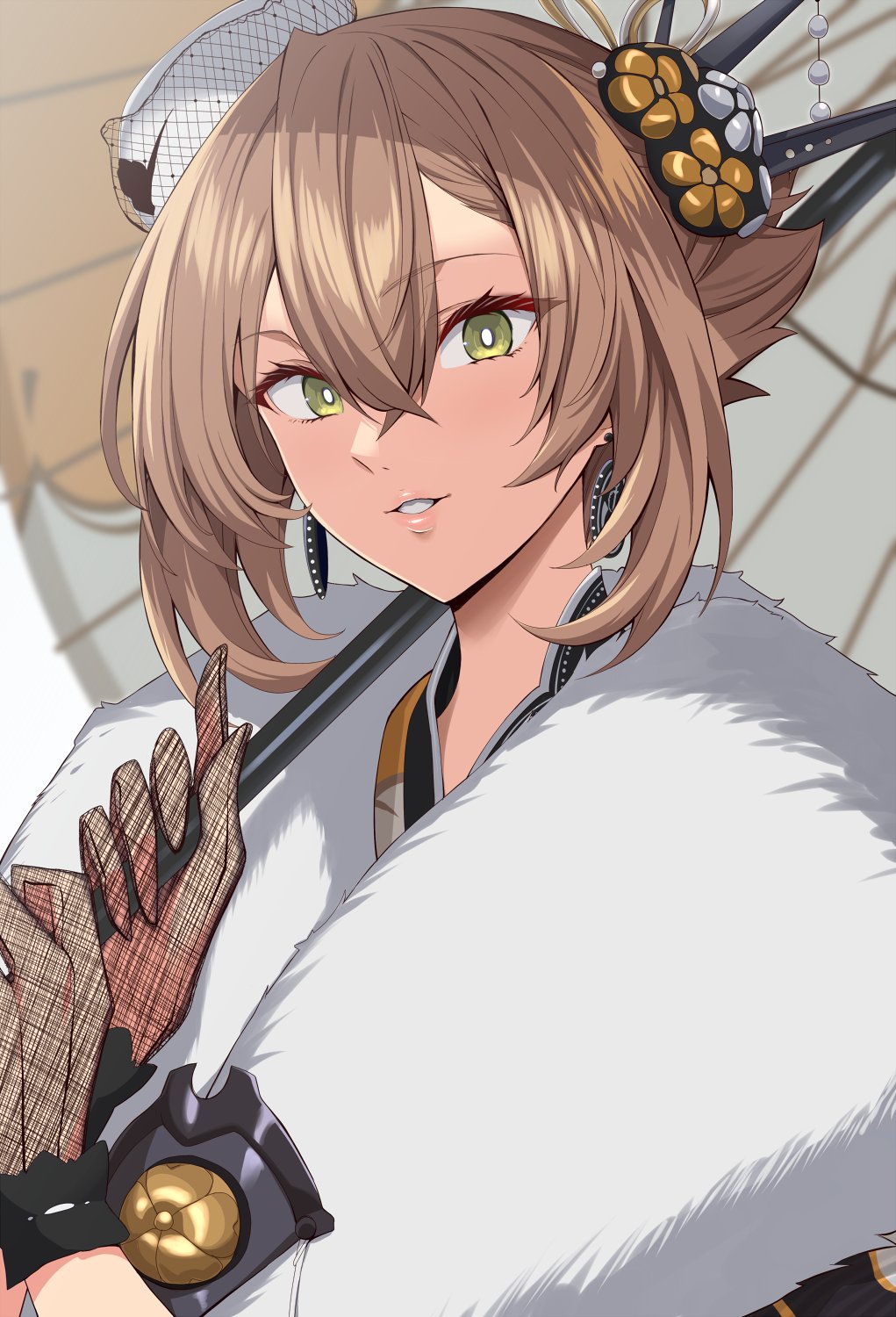 1girl, brown_hair, chrysanthemum, earrings, flipped_hair, flower, gloves, green_eyes, grin, hair_between_eyes, hair_ornament, highres, japanese_clothes, jewelry, kantai_collection, kimono, kloah, lips, looking_at_viewer, mutsu_(kancolle), mutsu_(new_year)_(kancolle), official_alternate_costume, oil-paper_umbrella, orange_kimono, parted_lips, see-through_clothes, see-through_gloves, short_hair, simple_background, smile, solo, umbrella, white_background, white_headwear