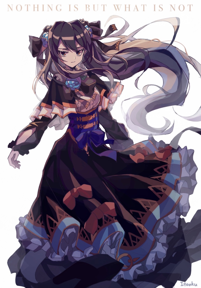 1girl, arcaea, black_dress, blue_eyes, blue_flower, blue_rose, bow, dress