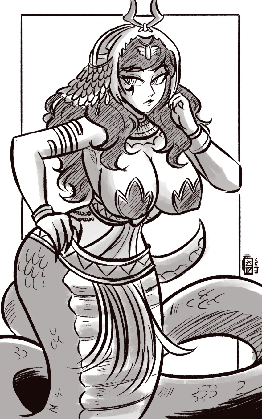 1girl, absurdres, armlet, border, bracer, breasts, cleavage, commentary