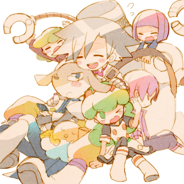 2girls, 4boys, 73_(naa), ai_(puyopuyo), blue_eyes, blush_stickers, bow, bowtie