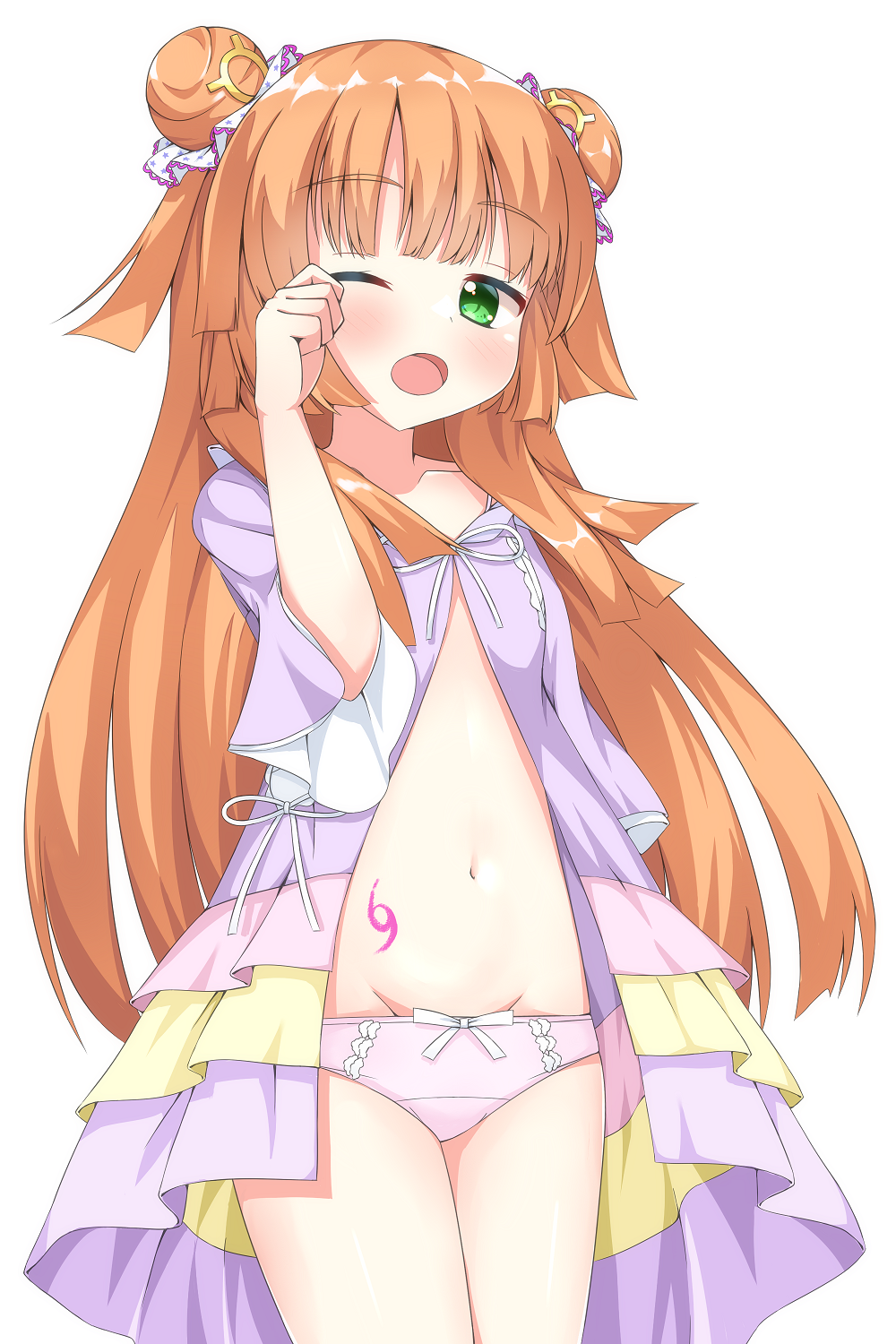 1girl, blunt_bangs, blunt_ends, blush, commentary, cowboy_shot, double_bun, female_focus, flat_chest, green_eyes, groin, hair_bun, hand_up, highres, kimagure_temptation, loli, long_hair, looking_at_viewer, navel, one_eye_closed, open_mouth, orange_hair, pajamas, panties, pink_panties, purple_pajamas, rosy_(kimaten), rubbing_eyes, sidelocks, simple_background, sleepy, solo, standing, straight_hair, underwear, very_long_hair, white_background, wide_sleeves, wistar1as, yawning