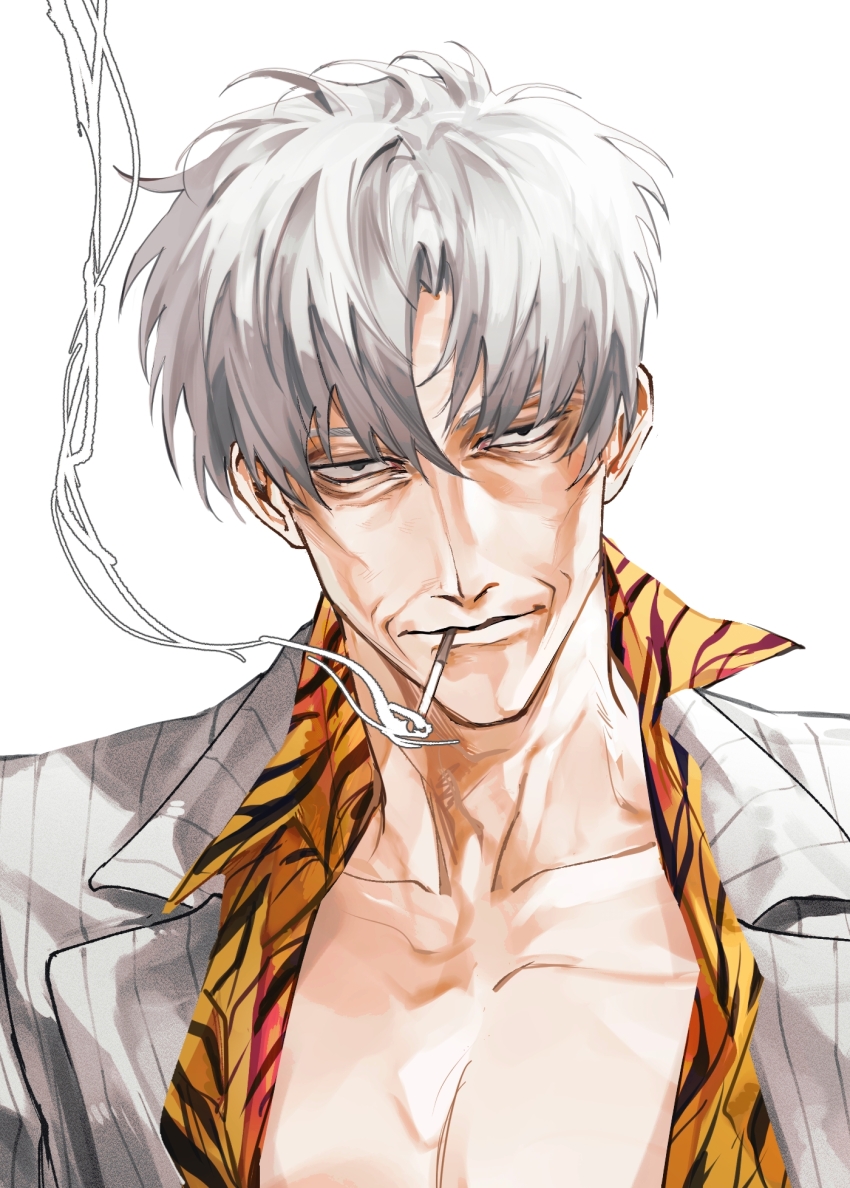 1boy, akagi_shigeru, animal_print, black_eyes, blazer, cigarette, closed_mouth, expressionless, fukumoto_mahjong, grey_hair, hair_between_eyes, highres, houlong_siche, jacket, looking_at_viewer, male_focus, old, old_man, pectoral_cleavage, pectorals, pinstripe_jacket, pinstripe_pattern, portrait, print_shirt, sanpaku, shirt, short_hair, simple_background, smoke, smoking, solo, striped, ten_(manga), tiger_print, white_background, white_jacket, wrinkled_skin