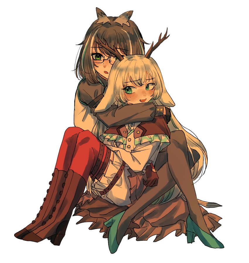 2girls, absurdres, amaotome, animal_ears, antlers, black-framed_eyewear, black_gloves, black_pantyhose