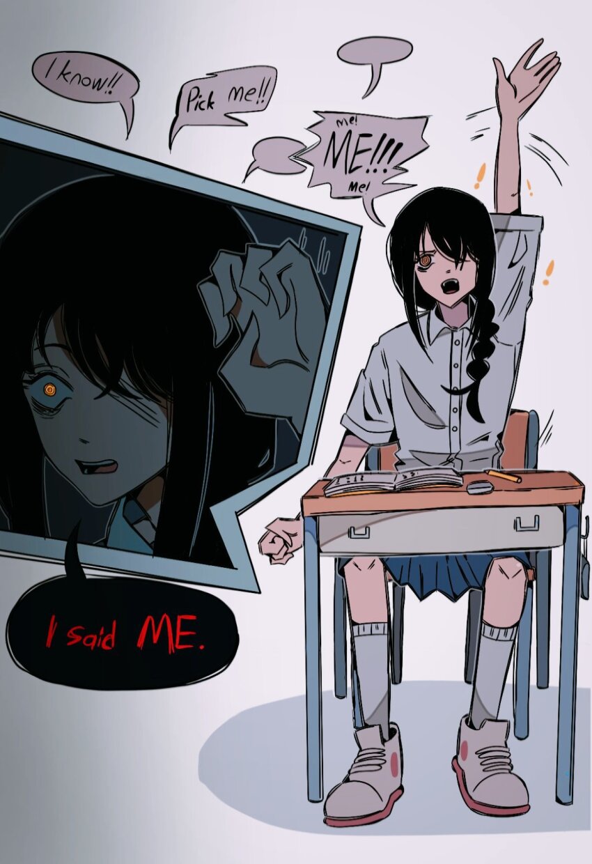 1girl, 31ulkubo, @_@, black_hair, blue_skirt, book, braid, chainsaw_man, commentary, desk, english_commentary, english_text, eraser, evil_eyes, flat_color, hair_between_eyes, hand_up, highres, mood_swing, nayuta_(chainsaw_man), open_book, orange_eyes, pencil, school_desk, school_uniform, shirt, sitting, skirt, white_shirt