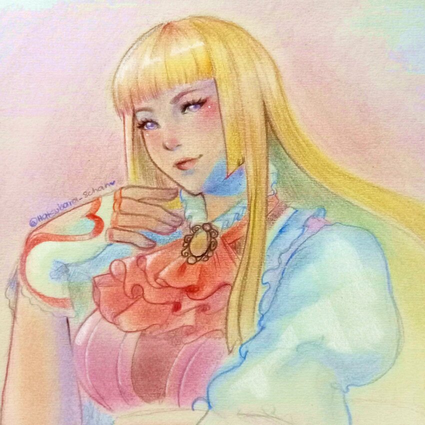 1girl, blonde_hair, blue_eyes, blush, breasts, emilie_de_rochefort, fingerless_gloves, gloves