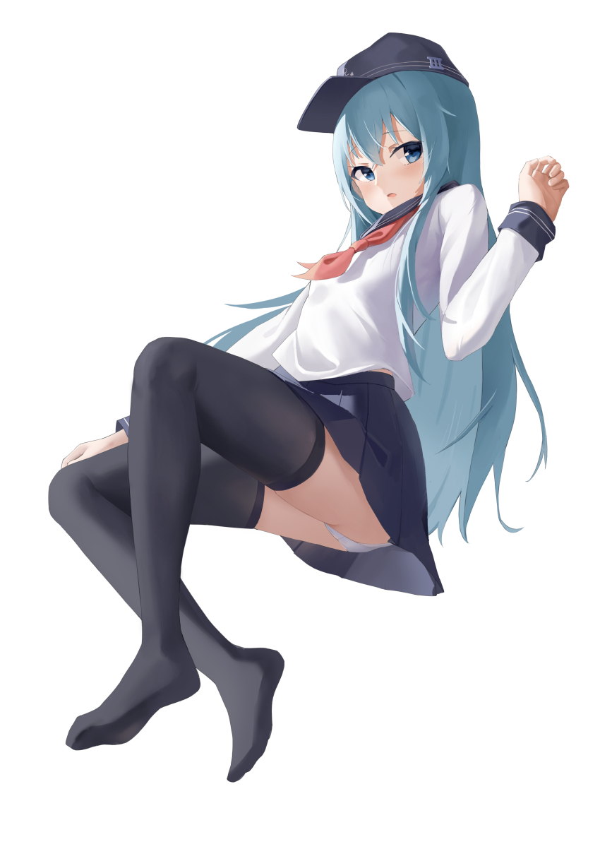 1girl, absurdres, arm_at_side, black_hat, black_thighhighs, blue_eyes, blue_hair, blush