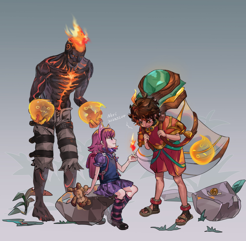 1girl, 2boys, absurdres, animal, annie_(league_of_legends), brand_(league_of_legends), burnt, fire, from_side, gradient_background, grey_background, highres, kneehighs, league_of_legends, looking_at_another, medium_hair, milio_(league_of_legends), miniskirt, multiple_boys, neri_(neri23152939), pink_skirt, profile, puffy_short_sleeves, puffy_sleeves, red_hair, rock, shoes, short_sleeves, sitting, skirt, smile, snail, socks, standing, striped_clothes, striped_socks, tibbers