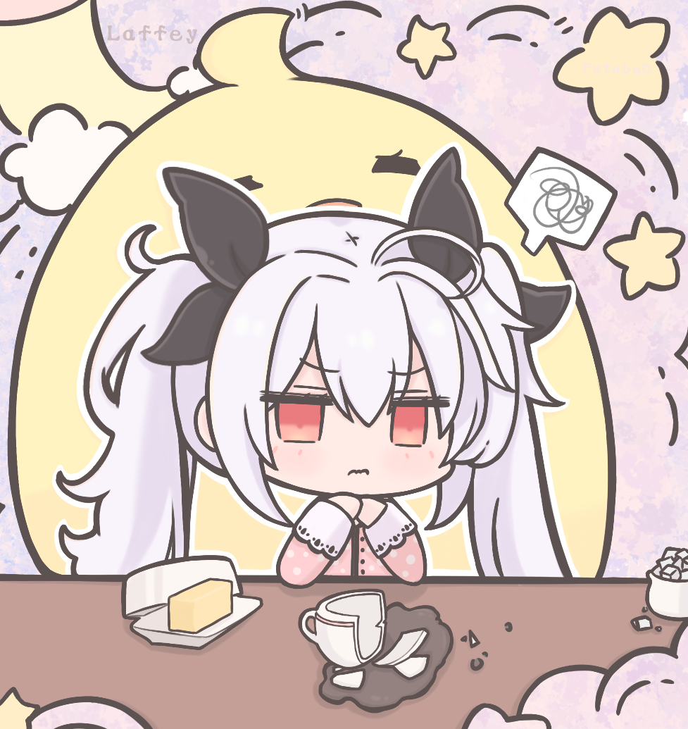 1girl, alternate_costume, azur_lane, broken_cup, butter, character_name, chibi, chibi_only