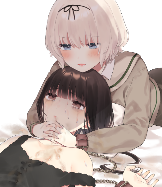 2girls, bare_shoulders, black_dress, black_ribbon, blonde_hair, blue_eyes, blush, brown_eyes