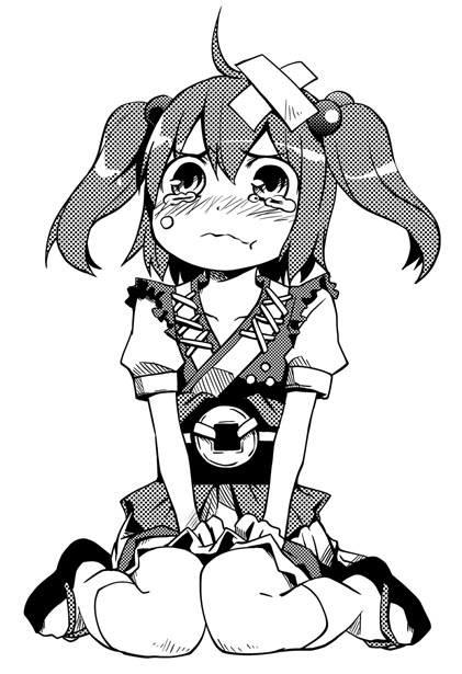 1girl, :t, bandages, blush, chibi, crossed_bandaids, female_focus, greyscale