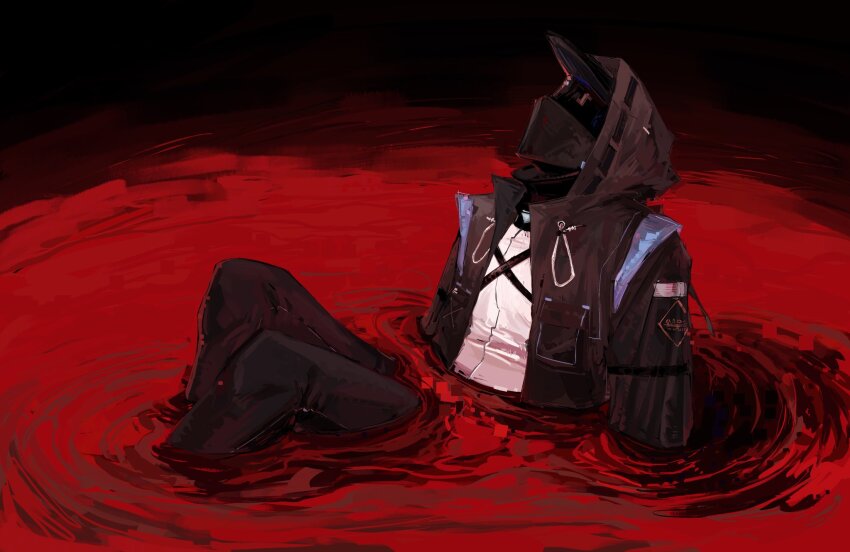 1boy, arknights, black_hoodie, black_pants, blood, dark, dark_background, dawu233, doctor_(arknights), dress_shirt, highres, hood, hoodie, horror_(theme), looking_up, mask, mask_on_head, on_floor, pants, pool_of_blood, ripples, shirt