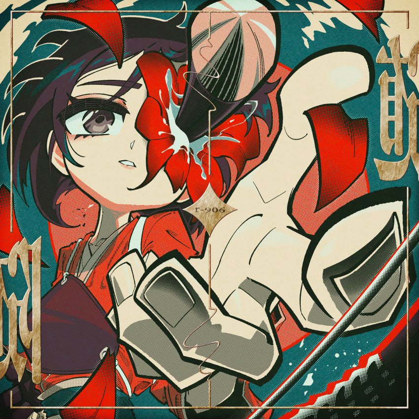 1girl, abstract_background, arrow_(projectile), arrow_in_body, arrow_in_head, black_eyes, black_hair, blue_background