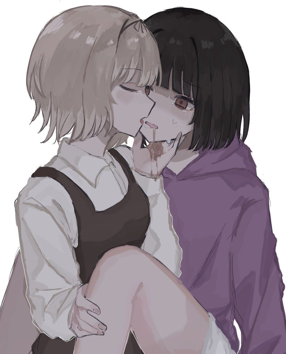 2girls, black_dress, black_hair, black_ribbon, blonde_hair, blunt_bangs, brown_eyes, closed_eyes, collared_shirt, commentary_request, crying, crying_with_eyes_open, dress, dress_shirt, hair_ribbon, hanamura_hinako, highres, hood, hood_down, hoodie, kitanai_kimi_ga_ichiban_kawaii, light_blush, multiple_girls, open_mouth, pinafore_dress, purple_hoodie, ribbon, saliva, saliva_trail, sezaki_airi, shirt, short_hair, shorts, simple_background, sleeveless, sleeveless_dress, tears, vomit, white_background, white_shirt, white_shorts, yuri, yuruha_(yuruha_cat)