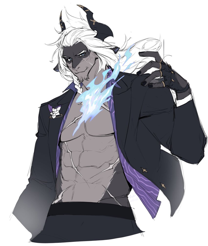 1boy, abs, absurdres, alchemy_stars, bara, bare_pectorals, black_suit, blue_eyes