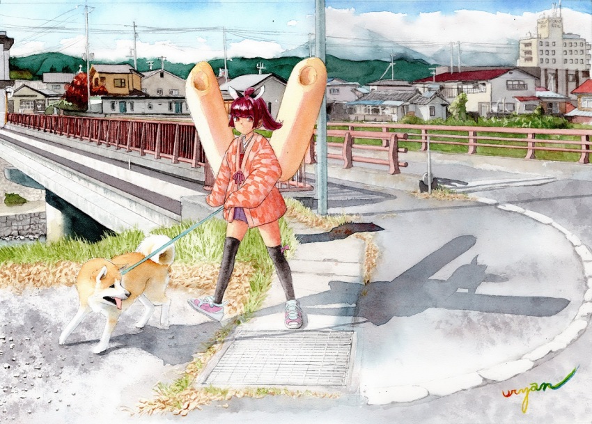 1girl, akita_inu, alternate_costume, alternate_hairstyle, black_thighhighs, blunt_bangs, bridge, city