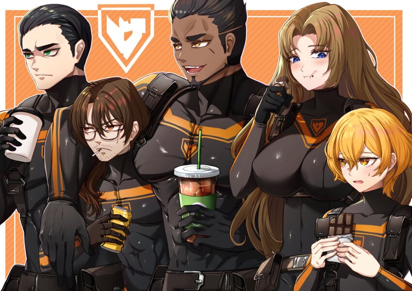 1girl, 4boys, asdf_(rokiru08), beard_stubble, blonde_hair, blue_eyes, bodysuit, breasts