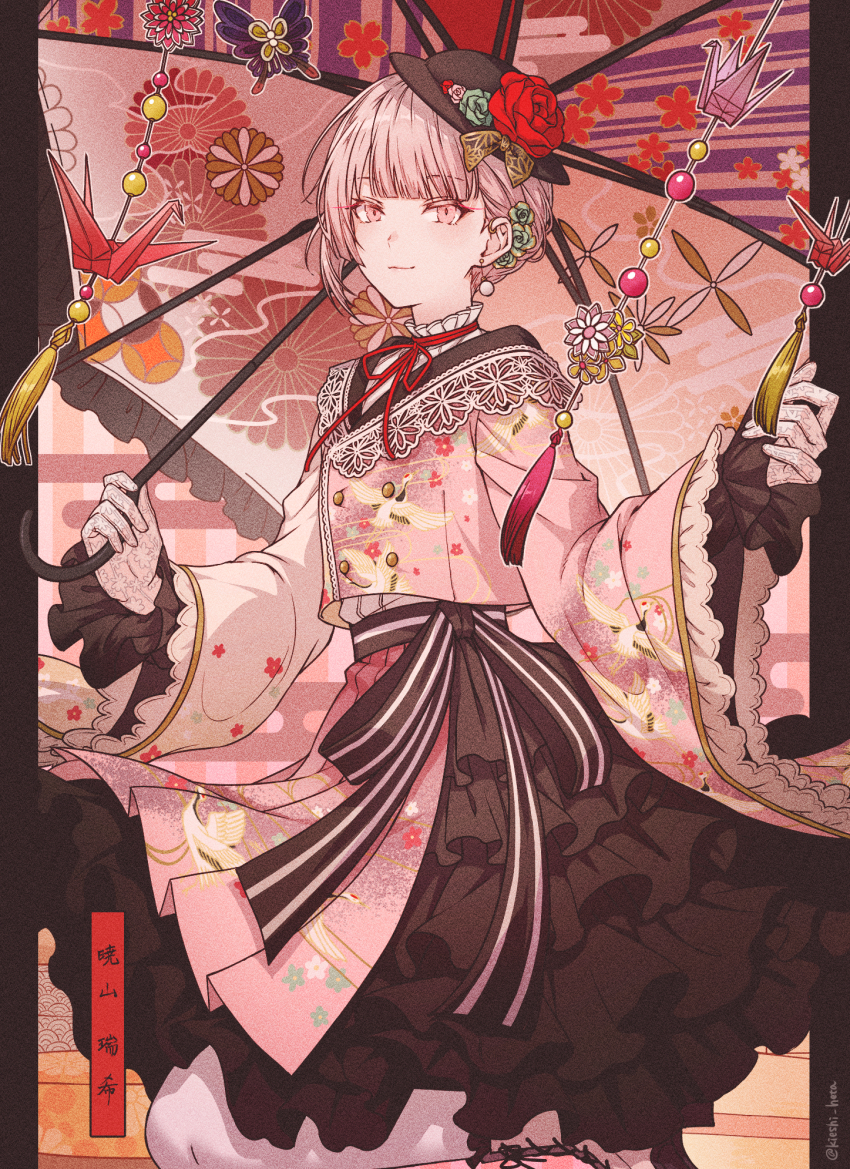 1other, akazu_kieshi, akiyama_mizuki, androgynous, beads, black_headwear, black_skirt, blunt_bangs