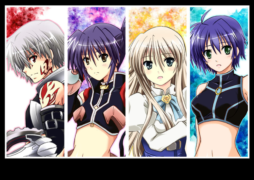 00s, 1boy, 3girls, bad_id, bad_pixiv_id, blonde_hair, blue_hair, choker