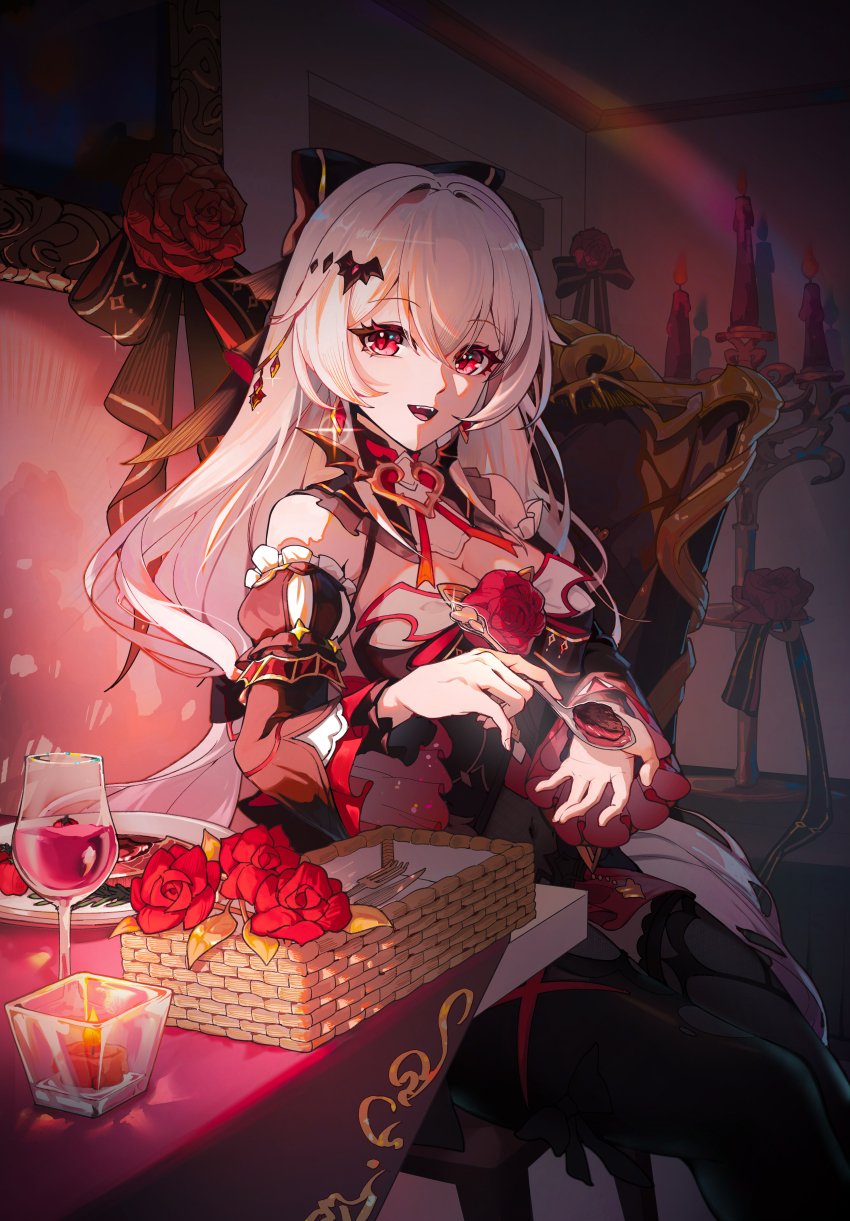 1girl, absurdres, alcohol, bare_shoulders, bat_hair_ornament, black_dress, black_thighhighs, bottle, bow, breasts, candle, candlestand, chair, chinese_commentary, cleavage, commentary_request, cup, detached_sleeves, dress, drinking_glass, earrings, flower, food, fork, hair_between_eyes, hair_bow, hair_ornament, highres, holding, honkai_(series), honkai_impact_3rd, indoors, jewelry, large_breasts, long_hair, long_sleeves, looking_at_viewer, luna_(honkai_impact), open_mouth, qingshimangxue, red_eyes, red_flower, red_rose, rose, sitting, smile, solo, table, theresa_apocalypse, theresa_apocalypse_(luna_kindred), thighhighs, vampire, white_hair, wine, wine_bottle, wine_glass