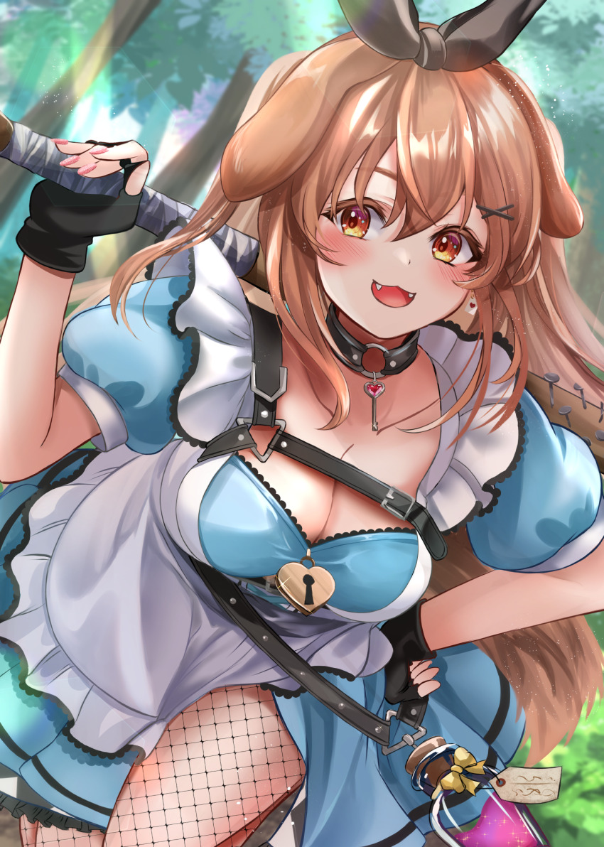 1girl, :3, :d, animal_ears, apron, baseball_bat, black_choker, black_gloves