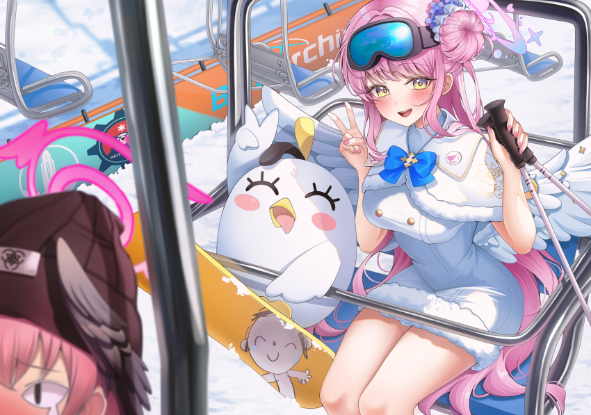 2girls, adapted_costume, black_headwear, black_wings, blue_archive, blush, blush_stickers, capelet