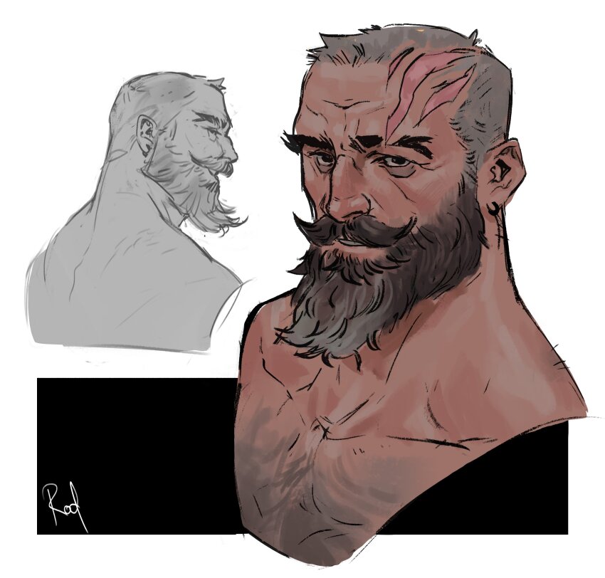 1boy, absurdres, bags_under_eyes, bara, beard, cropped_torso, facial_hair, full_beard