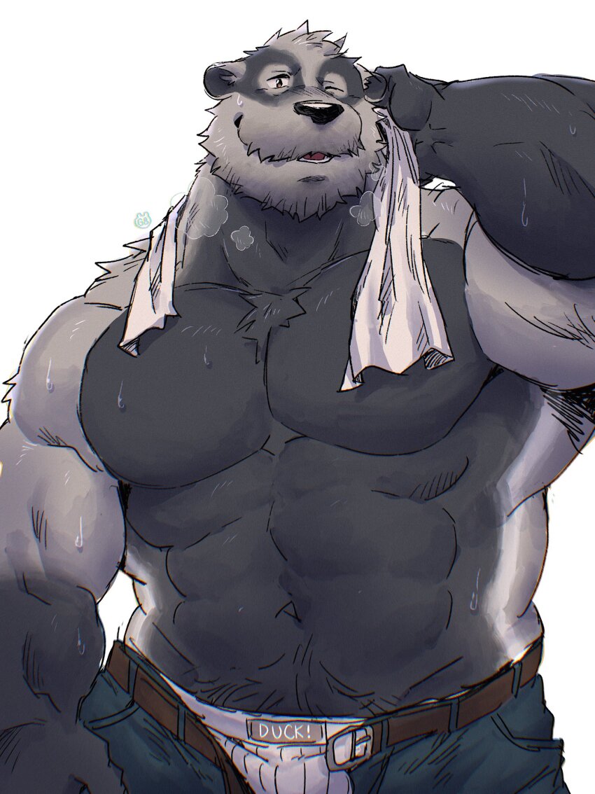 1boy, abs, arm_behind_back, badger_boy, badger_ears, bara, belt, commentary