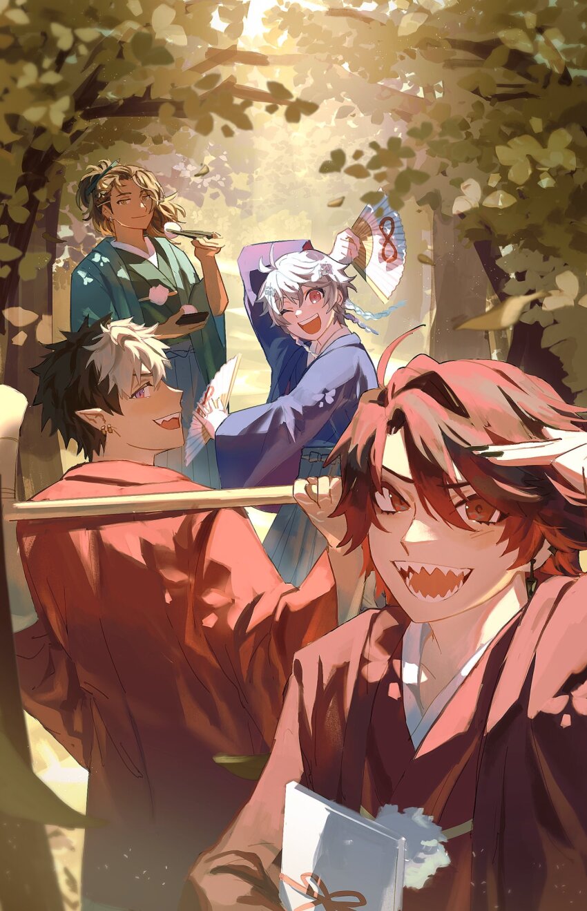 4boys, ahoge, babykatafan, black_hair, black_nails, blonde_hair, blue_hair, blue_kimono