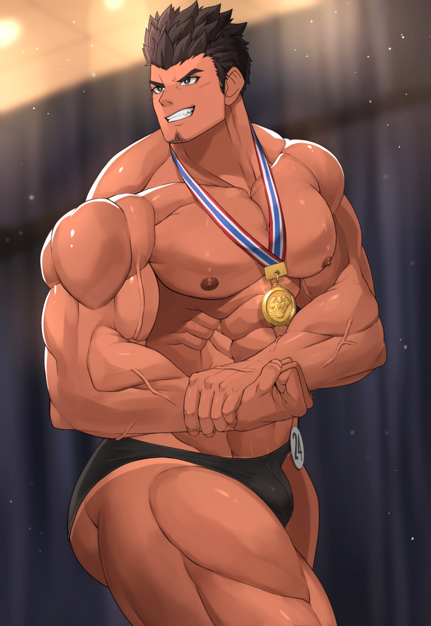 1boy, abs, ass, bara, bellsaltr, biceps, black_eyes, black_hair