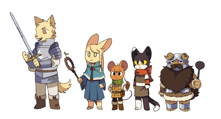 2girls, 3boys, absurdres, animal_focus, arm_at_side, armor, arms_at_sides, beard, belt, blonde_hair, blue_capelet, blue_robe, boots, braid, brown_eyes, brown_footwear, brown_gloves, brown_skirt, capelet, cat, chainmail, chilchuck_tims, chinese_commentary, closed_mouth, colored_sclera, commentary_request, crop_top, dog, dungeon_meshi, facial_hair, fake_horns, frown, full_body, furrification, furry, furry_female, furry_male, gloves, gorget, green_eyes, green_scarf, hand_on_own_hip, helmet, highres, holding, holding_ladle, holding_staff, holding_sword, holding_weapon, hood, hood_down, hooded_capelet, horned_helmet, horns, izutsumi, kensuke_(dungeon_meshi), ladle, laios_touden, leather_armor, lineup, long_beard, long_sleeves, looking_ahead, marcille_donato, midriff, mouse_(animal), multiple_boys, multiple_girls, neck_warmer, open_mouth, pants, pauldrons, plate_armor, rabbit, rehtaef, robe, sandals, scarf, senshi_(dungeon_meshi), shirt, shoulder_armor, side_braid, simple_background, skirt, sleeveless, sprout, staff, sword, vambraces, weapon, white_background, white_pants, white_shirt, wide_sleeves, yellow_sclera