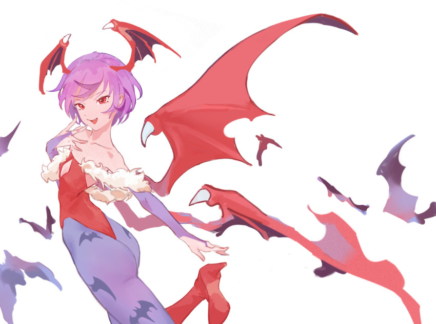 1girl, animal_print, bare_shoulders, bat_(animal), bat_print, bat_wings, boots, bridal_gauntlets