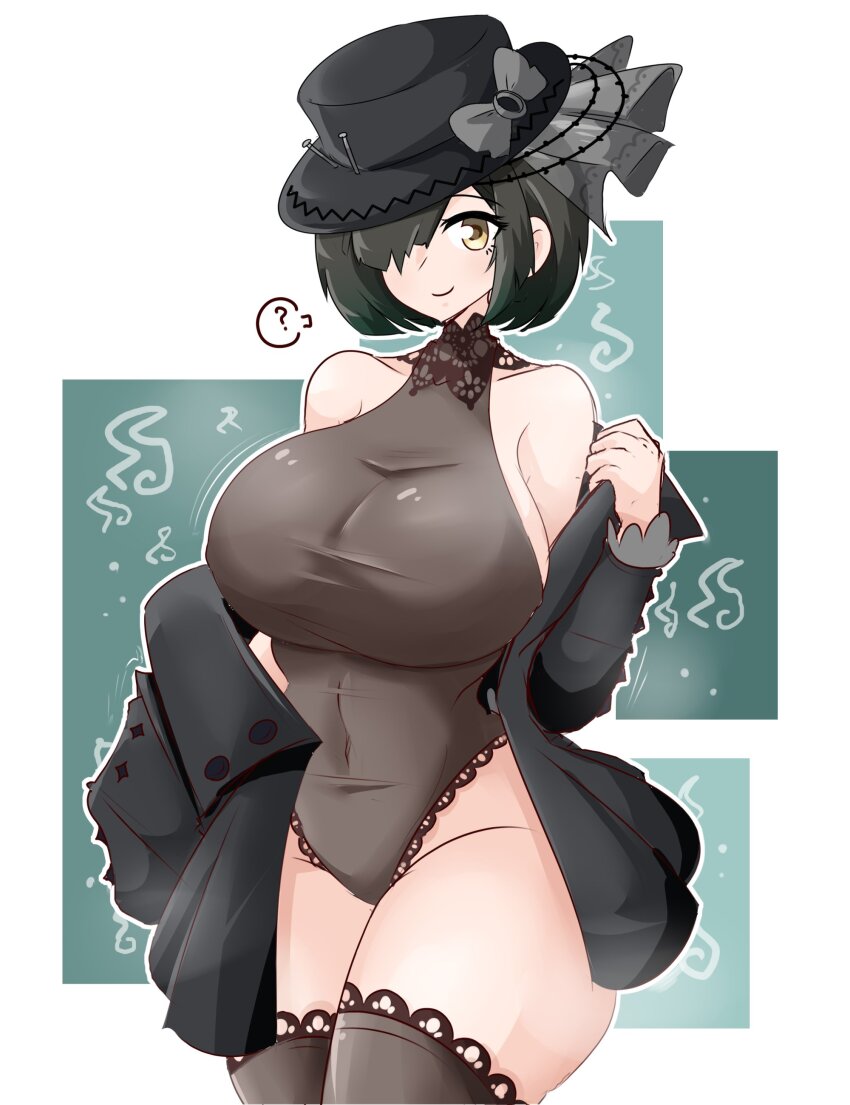 1girl, ?, absurdres, ashy_(dankestsin), bare_shoulders, black_bow, black_hair, black_hat, black_jacket, black_leotard, black_thighhighs, bob_cut, bow, breasts, covered_navel, cowboy_shot, green_background, hair_over_one_eye, hat, hat_bow, highres, jacket, lace, lace-trimmed_thighhighs, lace_trim, large_breasts, leotard, looking_at_viewer, necrologist, off_shoulder, open_clothes, open_jacket, reverse:1999, short_hair, sideboob, sleeveless_turtleneck_leotard, smile, solo, spoken_question_mark, thick_thighs, thighhighs, thighs, top_hat, two-tone_background, white_background, yellow_eyes