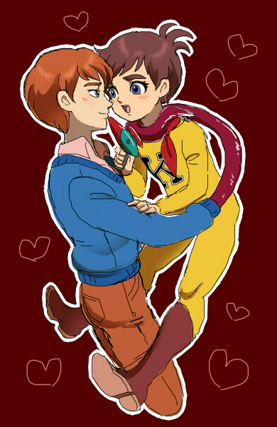 blue_eyes, blue_sweater, blush, bodysuit, boots, brown_background, brown_footwear, brown_hair, brown_pants, chargeman_ken!, heart, hoshi-kun, izumi_ken, jiyoko, multiple_boys, open_mouth, pants, red_scarf, scarf, simple_background, smile, sweater, yaoi