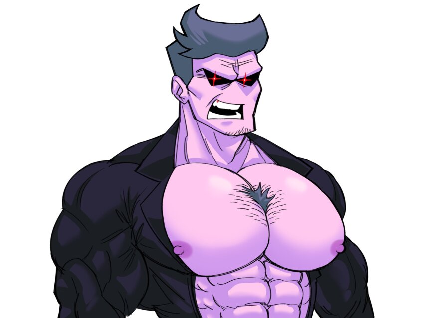 1boy, abs, bara, black_eyes, chest_hair, colored_skin, daddy_dearest, dokeshin