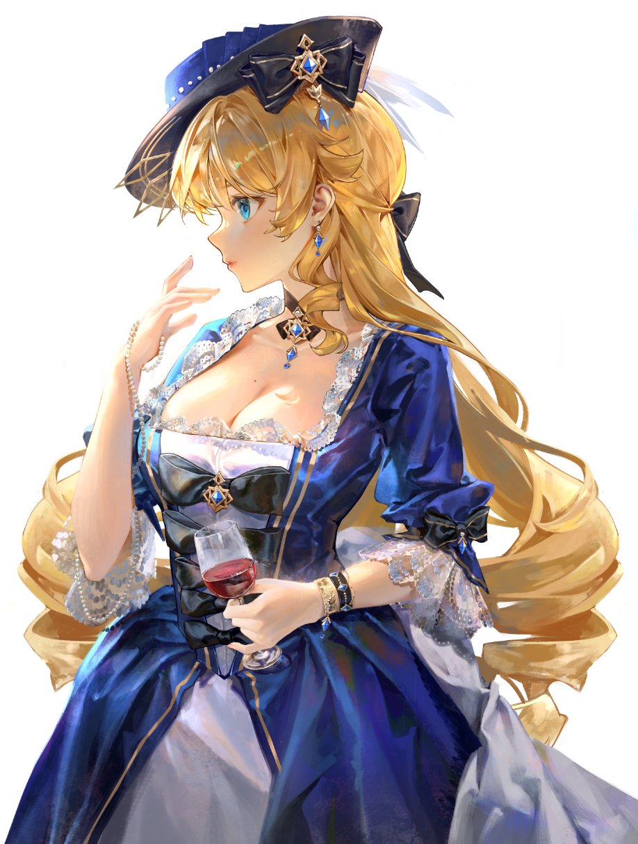 1girl, alternate_costume, arrrrrry1, black_bow, blonde_hair, blue_dress, blue_gem, blue_headwear, bow, bracelet, breasts, brooch, cleavage, commentary_request, cup, dress, drill_hair, drill_sidelocks, earrings, floating_earrings, frilled_dress, frills, gem, genshin_impact, hair_bow, hat_ornament, highres, holding, holding_cup, jewelry, large_breasts, long_hair, looking_ahead, navia_(genshin_impact), profile, sidelocks, solo, white_background