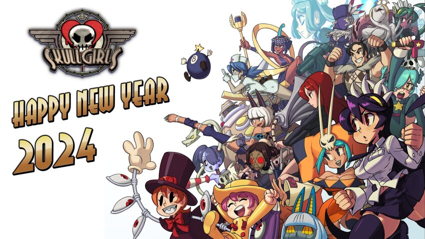 2024, 2boys, 6+girls, android, annie_(skullgirls), arm_cannon, barefoot, beowulf_(skullgirls), big_band, black_dahlia, black_hair, bloody_marie_(skullgirls), blue_eyes, blue_hair, blue_skin, boots, breasts, cat_girl, cerebella_(skullgirls), claws, cleavage, closed_eyes, colored_skin, cyborg, dark-skinned_female, dark_skin, detached_collar, detached_sleeves, double_(skullgirls), dress, eliza_(skullgirls), english_text, everyone, eyepatch, eyeshadow, fedora, filia_(skullgirls), fukua_(skullgirls), george_the_bomb, gloves, green_eyes, green_lips, hair_over_one_eye, hat, highres, holding, holding_sword, holding_weapon, kinuko_(kinucakes), large_breasts, latex, latex_gloves, leviathan_(skullgirls), lipstick, long_hair, looking_to_the_side, makeup, mariel_cartwright, mask, microphone, microphone_stand, monster, monster_girl, mouth_mask, ms._fortune_(skullgirls), multiple_boys, multiple_girls, muscular, muscular_male, necktie, new_year, nurse_cap, official_art, open_mouth, painwheel_(skullgirls), parasoul_(skullgirls), peacock_(skullgirls), pink_hair, pleated_skirt, ponytail, purple_hair, red_eyes, red_hair, robo-fortune, sagan_(skullgirls), samson_(skullgirls), scar, school_uniform, sharp_teeth, short_dress, short_hair, skirt, skullgirls, smile, squigly_(skullgirls), stitched_mouth, stitches, striped_sleeves, surgical_mask, suspenders, sword, teeth, thighhighs, tiara, umbrella_(skullgirls), valentine_(skullgirls), vice-versa_(skullgirls), weapon, white_background, wristband, zombie