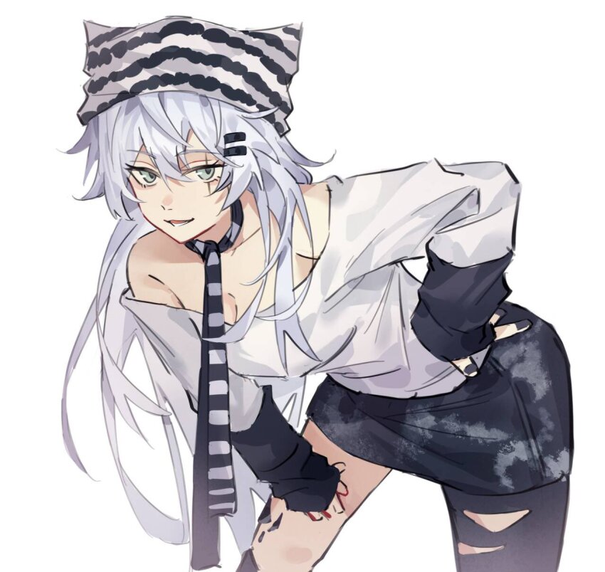 1girl, alternate_costume, arknights, bare_shoulders, black_hat, black_nails, black_necktie, black_skirt, black_sleeves, black_socks, black_thighhighs, breasts, cleavage, collarbone, contrapposto, cowboy_shot, fingernails, from_side, green_eyes, hair_between_eyes, hair_flowing_over, hair_ornament, hairclip, hand_on_own_hip, hand_on_own_thigh, hat, highres, horizontal-striped_necktie, lappland_(arknights), leaning, leaning_forward, long_hair, long_sleeves, looking_at_viewer, looking_to_the_side, lower_teeth_only, material_growth, medium_breasts, messy_hair, miniskirt, multicolored_hat, multicolored_necktie, nail_polish, necktie, off-shoulder_shirt, off_shoulder, oripathy_lesion_(arknights), over-kneehighs, parted_lips, raglan_sleeves, scar, scar_across_eye, scar_on_face, shiba257, shirt, shirt_tucked_in, simple_background, single_over-kneehigh, single_thighhigh, skirt, sleeves_past_wrists, smile, smug, socks, solo, standing, striped_clothes, striped_necktie, teeth, thighhighs, thighs, tongue, two-tone_headwear, two-tone_necktie, very_long_hair, white_background, white_hat, white_necktie, white_shirt, wolf_girl