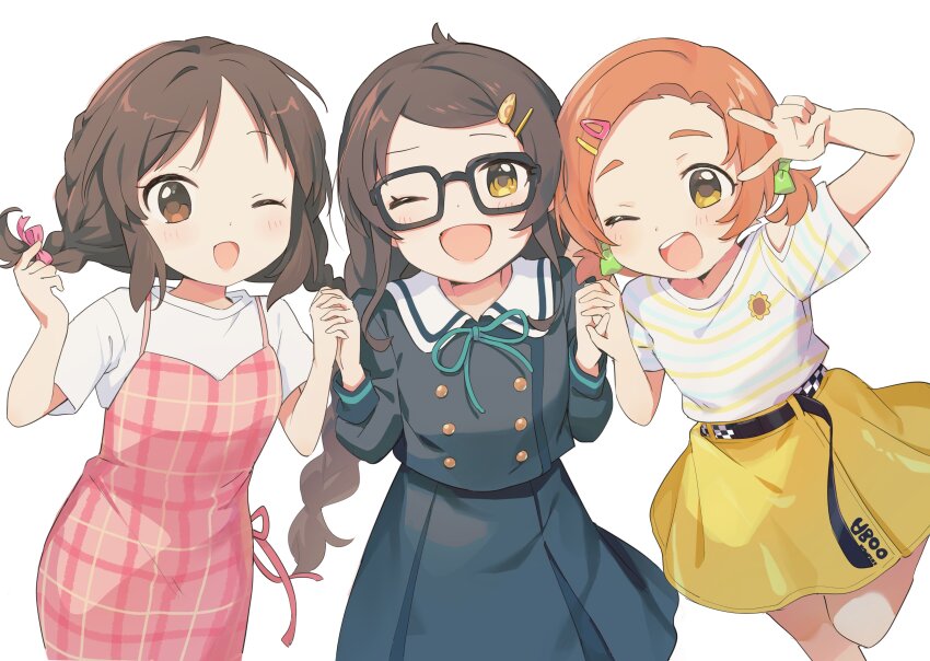 3girls, absurdres, alternate_hairstyle, belt, black-framed_eyewear, black_belt, black_hair, black_shirt, black_skirt, blush, bow, braid, brown_eyes, brown_hair, buttons, checkered_clothes, checkered_dress, chipochopo324, commentary, dot_nose, dress, flat_chest, glasses, green_bow, green_ribbon, hair_ornament, hairclip, highres, idolmaster, idolmaster_cinderella_girls, idolmaster_cinderella_girls_u149, long_hair, long_sleeves, looking_at_viewer, low_twin_braids, matoba_risa, multiple_girls, one_eye_closed, open_mouth, orange_hair, pink_dress, pink_ribbon, ribbon, ryuzaki_kaoru, sailor_collar, school_uniform, shirt, short_hair, short_sleeves, short_twintails, sidelocks, skirt, smile, striped_clothes, striped_shirt, untranslatable_commentary, tachibana_arisu, teeth, twin_braids, twintails, upper_teeth_only, v, white_background, white_sailor_collar, white_shirt, yellow_eyes, yellow_skirt