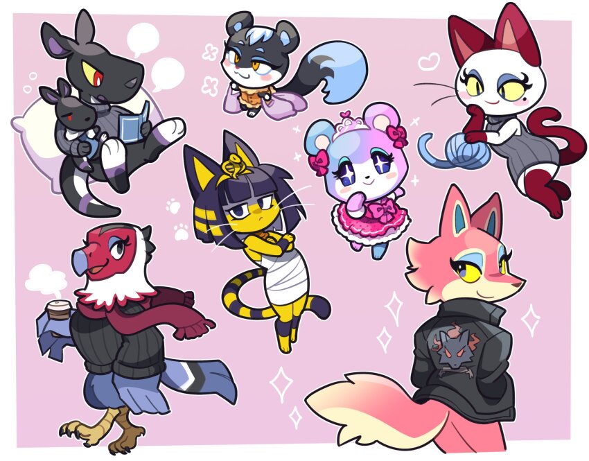 amelia_(animal_crossing), animal_crossing, animal_crossing:_new_horizons, animal_ears, animal_hands, ankha_(animal_crossing), back, bag, bandages, bear, bear_girl, biker_clothes, bikesuit, bird, bird_girl, black_eyes, black_hair, black_jacket, black_skin, blank_speech_bubble, blue_eyes, blue_skin, bodysuit, border, bright_pupils, cat, cat_girl, claws, colored_sclera, colored_skin, crossed_arms, cub, cup, disposable_coffee_cup, disposable_cup, eagle, eyelashes, flower, freya_(animal_crossing), hair_ornament, heart, highres, holding, holding_bag, jacket, judy_(animal_crossing), kangaroo, kangaroo_girl, long_sleeves, loveycloud, mathilda_(animal_crossing), multicolored_skin, nintendo, olivia_(animal_crossing), pawpads, pillow, pink_background, pink_ribbon, pink_skin, print_jacket, purple_skin, reading, red_eyes, red_scarf, red_skin, ribbon, scarf, simple_background, sitting, sitting_on_pillow, sleeveless, snake_hair_ornament, sparkle, speech_bubble, squirrel, squirrel_girl, steam, tail, talons, tasha_(animal_crossing), tiara, white_border, white_pupils, white_skin, wings, wolf, wolf_girl, yarn, yarn_ball, yellow_eyes, yellow_skin
