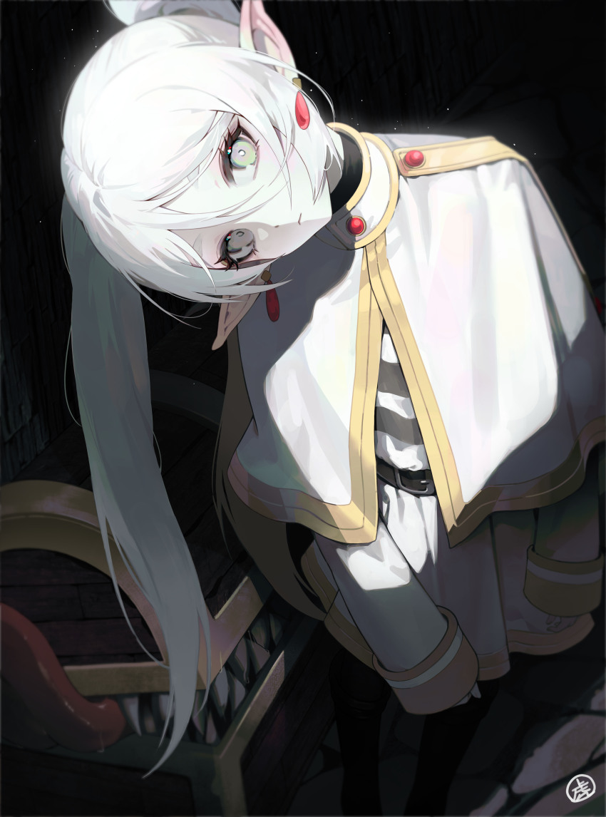 1girl, absurdres, belt, black_belt, black_pants, capelet, closed_mouth, dress