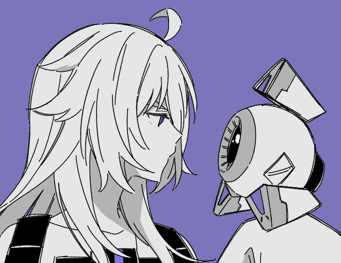 1girl, ahoge, drone, from_side, greyscale, hair_flaps, long_sleeves, looking_at_another