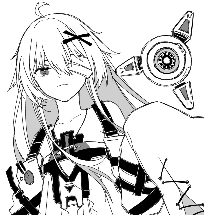 1girl, ahoge, chest_protector, closed_mouth, drone, grey_eyes, hair_between_eyes, hair_ornament