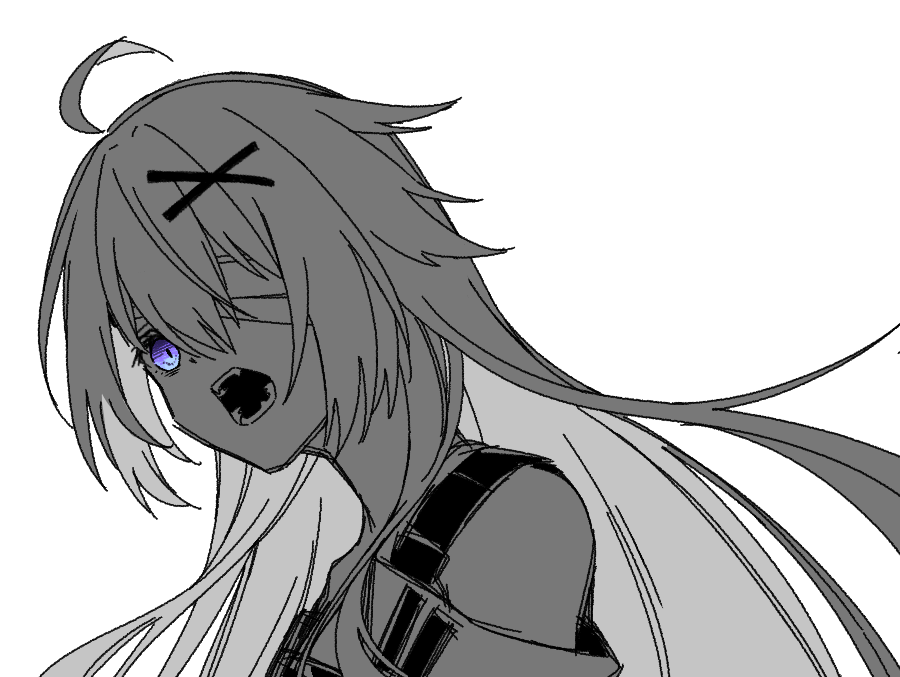ahoge, bandage_over_one_eye, blue_eyes, fangs, greyscale, hair_ornament, long_hair, monochrome