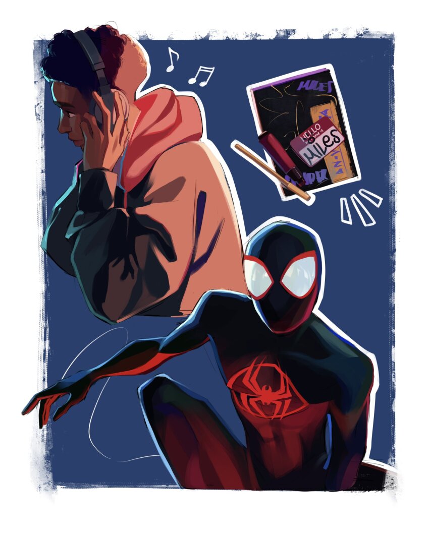 1boy, animal_print, black_bodysuit, black_eyes, blue_background, bodysuit, book, border