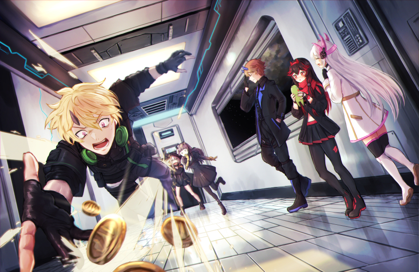 2boys, 4girls, absurdres, bare_legs, black_dress, black_gloves, black_hair, black_hoodie