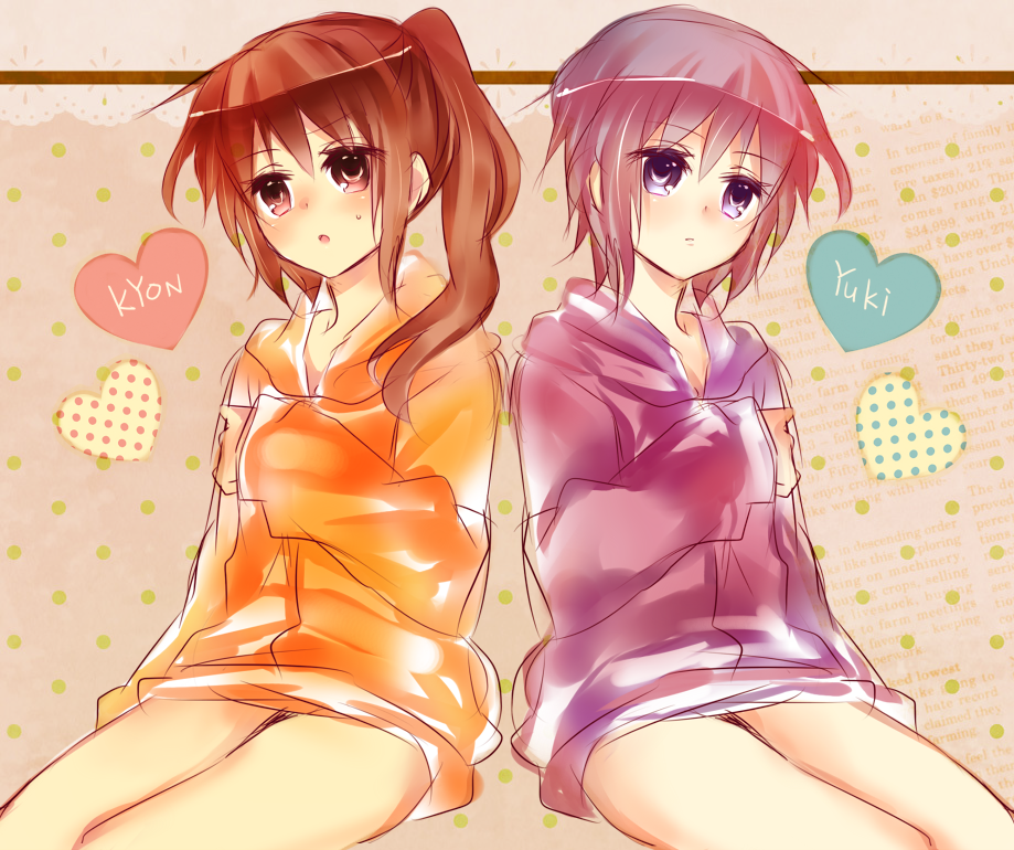 2girls, bad_id, bad_pixiv_id, brown_eyes, brown_hair, genderswap, genderswap_(mtf), grey_hair, hood, hoodie, kyonko, long_hair, multiple_girls, nagato_yuki, ponytail, purple_eyes, shiroto, shiroto_iku, suzumiya_haruhi_no_yuuutsu