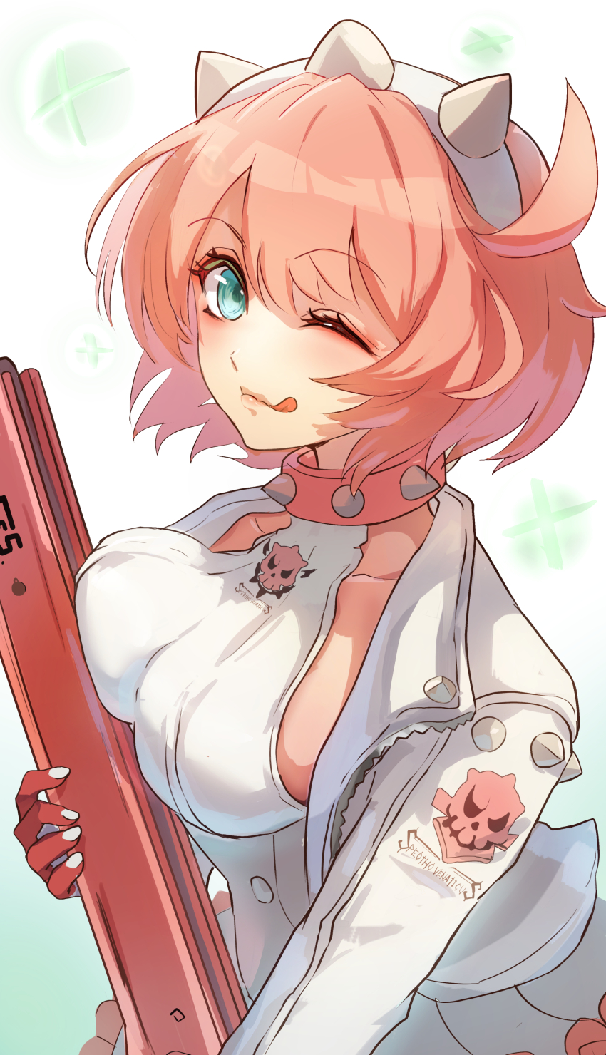1girl, ;p, absurdres, ahoge, aqua_eyes, breasts, collar, dress, elphelt_valentine, gloves, guilty_gear, guilty_gear_strive, gun, hairband, highres, holding, holding_gun, holding_weapon, huge_ahoge, jacket, large_breasts, looking_at_viewer, nikotomiko025, official_alternate_hair_color, one_eye_closed, pink_hair, red_gloves, short_hair, skull_print, smile, spiked_collar, spiked_hairband, spikes, tongue, tongue_out, upper_body, weapon, white_dress, white_hairband, white_jacket