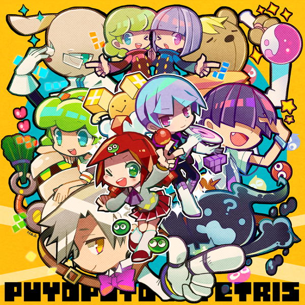 >_o, 3girls, 6+boys, 73_(naa), ?, ahoge, ai_(puyopuyo), andou_ringo, ascot, bear_boy, belt, blue_eyes, blunt_bangs, bow, bowtie, bracelet, brown_belt, copyright_name, disc, dog_boy, ecolo_(puyopuyo), elle_(puyopuyo), ess_(puyopuyo), ex_(puyopuyo), fang, flask, furry, furry_male, glasses, gloves, green_eyes, green_hair, grey_sweater, hair_over_eyes, holding, holding_flask, jay_(puyopuyo), jewelry, multiple_boys, multiple_girls, necktie, o_(puyopuyo), one_eye_closed, open_mouth, orange_background, pink_bow, pink_bowtie, pink_eyes, pleated_skirt, purple_ascot, purple_hair, purple_necktie, puyo_(puyopuyo), puyopuyo, puyopuyo_7, puyopuyo_tetris, red_hair, red_skirt, risukuma_(puyopuyo), sasaki_maguro, shirt, short_hair, skirt, smile, sparkle, star_(symbol), sweater, tee_(puyopuyo), tetris, white_gloves, white_shirt, yellow_eyes, zed_(puyopuyo)