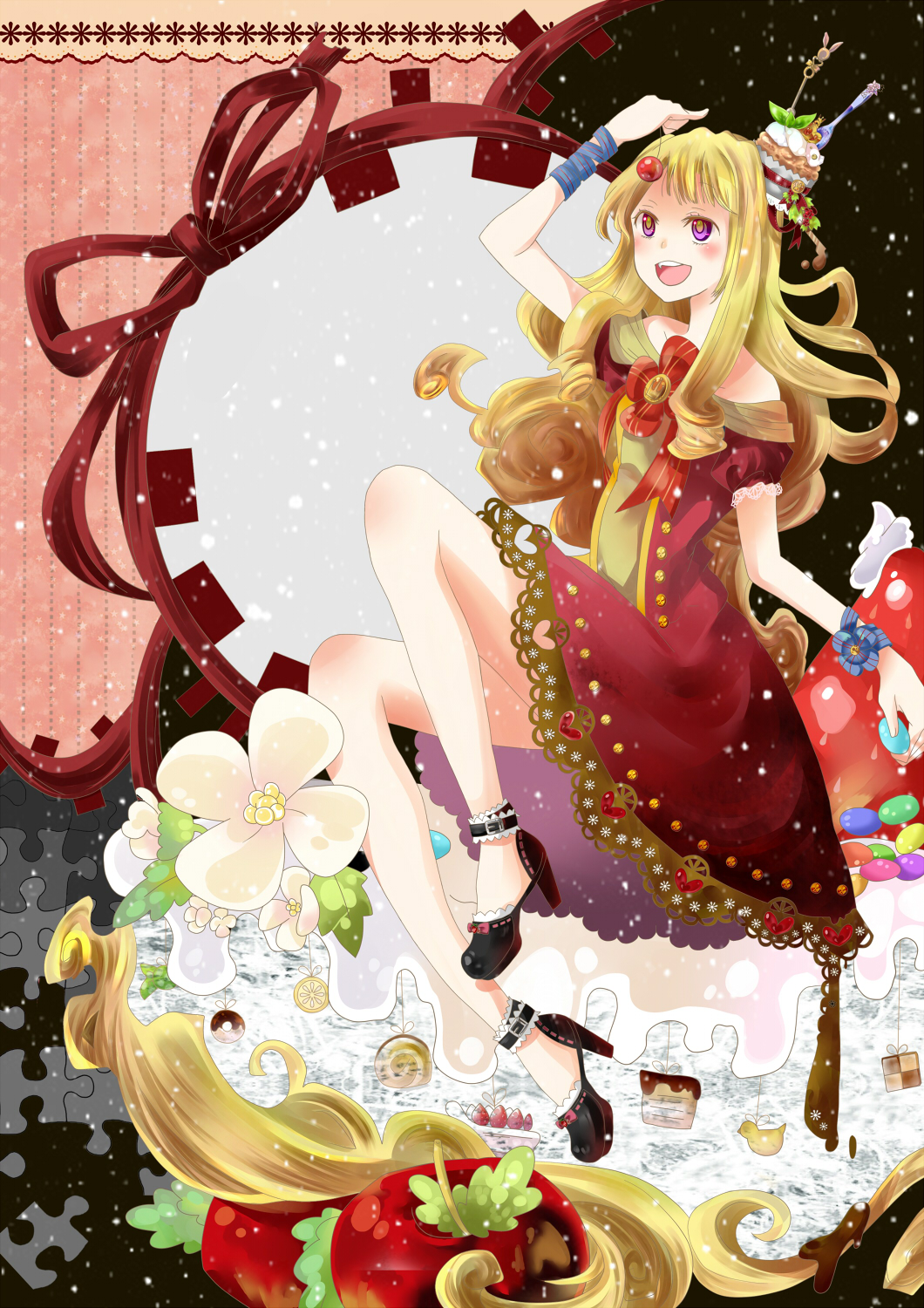1girl, apple, blonde_hair, cake, cake_hat, cherry, dress, fang